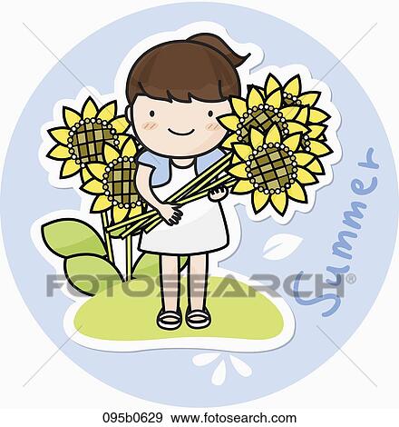 Stock Illustration - girl holding sunflowers. Fotosearch