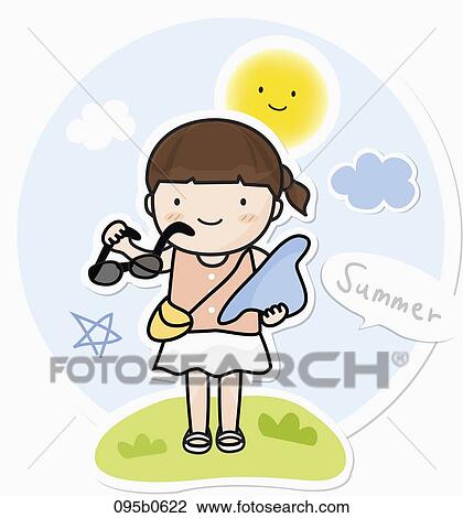 Drawing - girl holding sunglasses and hat. Fotosearch