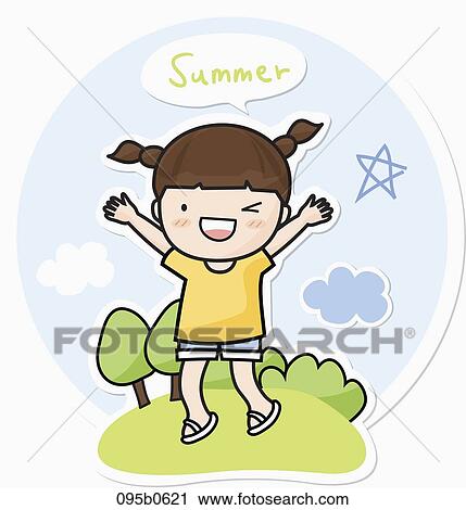 Clip Art - girl hopping on the hill. Fotosearch