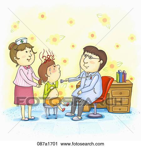 girl see a doctor with her mother View Large Illustration Clip Art - girl see a doctor with her mother. Fotosearch