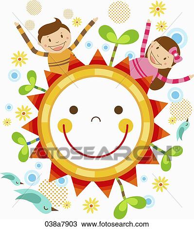 happy children on the shiny sun View Large Illustration Drawing - happy children on the shiny sun. Fotosearch