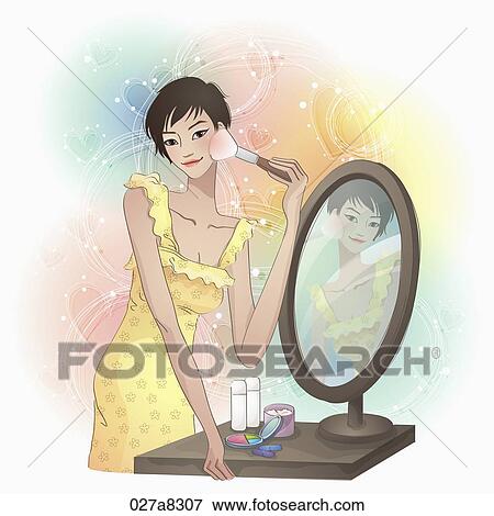 Stock Illustration - lady doing makeup on her face. Fotosearch