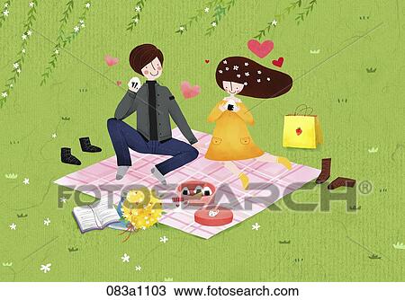 Drawing - lover had a date in the park. Fotosearch