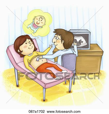 Drawing - woman in pregnant see a doctor to check her baby. Fotosearch