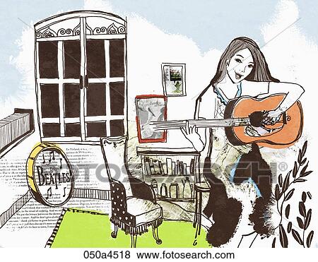 女 ギターの 演奏 イラスト 050a4518 Fotosearch