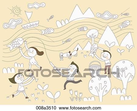 Clipart - children enjoying their time in nature world. Fotosearch