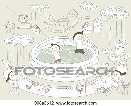 Drawing - children enjoying their time in small pool. Fotosearch