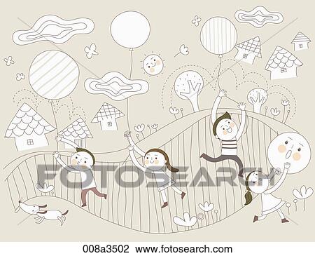 Drawing - children enjoying their time in various background. Fotosearch