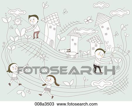 Drawing - children enjoying their time in various background. Fotosearch