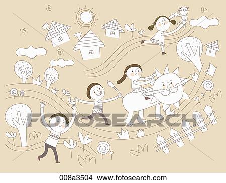 Stock Illustration - children enjoying their time in various background. Fotosearch