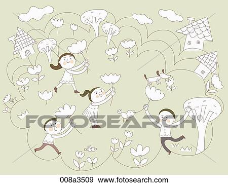 Stock Illustration - children enjoying their time in various background. Fotosearch