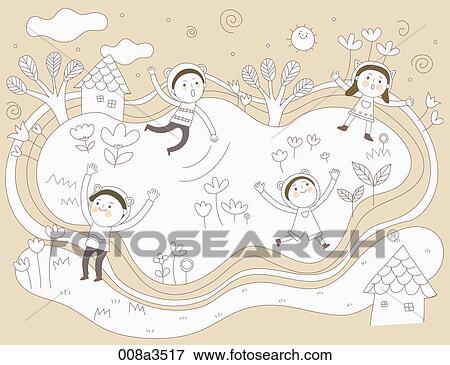 Stock Illustration - children enjoying their time in various background. Fotosearch