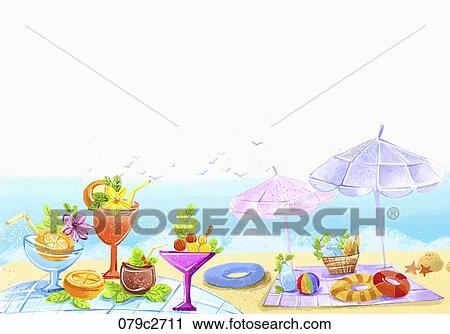 cocktails and parasol by the beach View Large Illustration Clip Art - cocktails and parasol by the beach. Fotosearch