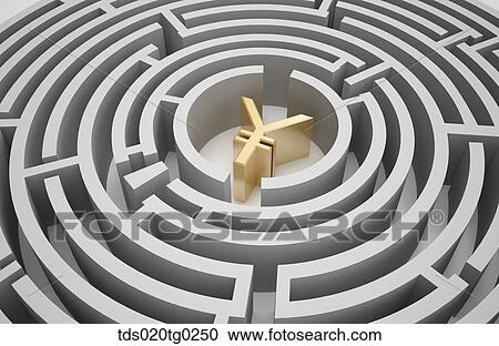 Clipart - cross section of maze in circle shaped with yen currency. Fotosearch