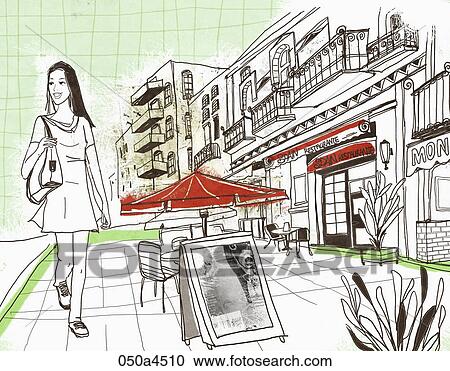 Clipart - drawing of street scape. Fotosearch