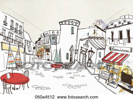 drawing of street scape View Large Illustration Drawing - drawing of street scape. Fotosearch