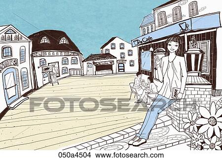 Stock Illustration - drawing of street scape. Fotosearch