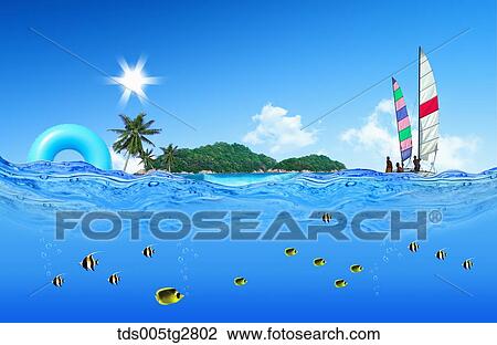 fishes swimming in summer beach View Large Illustration Drawing - fishes swimming in summer beach. Fotosearch