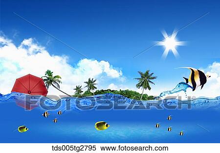Stock Illustration - fishes swimming in summer beach. Fotosearch