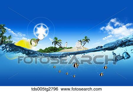 Stock Illustration - fishes swimming in summer beach. Fotosearch