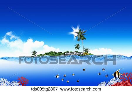 Stock Illustration - fishes swimming in summer beach. Fotosearch