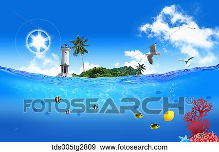 Stock Illustration - fishes swimming in summer beach. Fotosearch