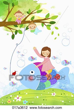 Drawing - girl riding fish. Fotosearch