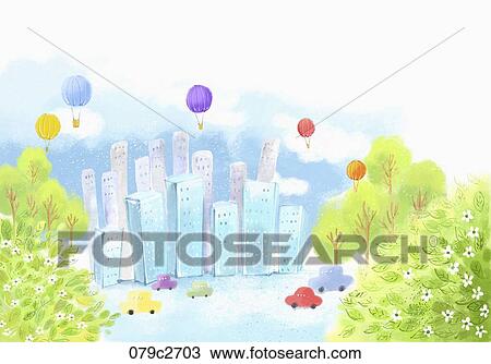 Drawing - hot air balloons in the city's sky. Fotosearch