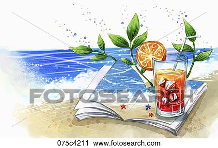 iced tea and book by the sea View Large Illustration Clip Art - iced tea and book by the sea. Fotosearch