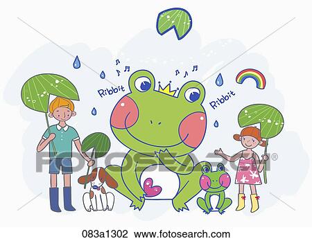Drawing - man and woman with frogs. Fotosearch
