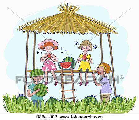 Drawing - men and women having watermelons on the lookout hut. Fotosearch