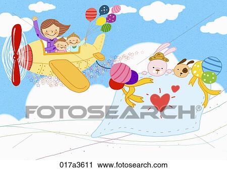 mom and children getting on airplane View Large Illustration Clip Art - mom and children getting on airplane. Fotosearch