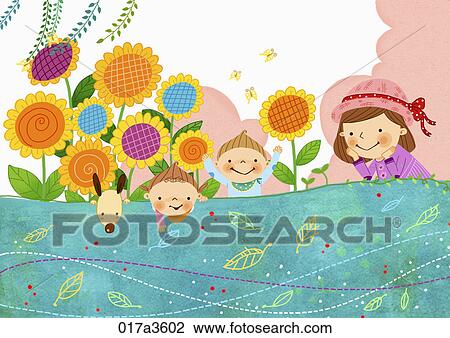 Drawing - mom and children having fun together. Fotosearch