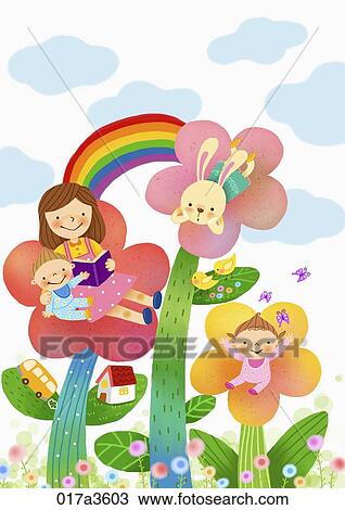 Drawing - mom and children having fun together. Fotosearch