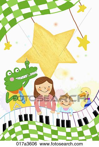 mom and children playing piano View Large Illustration Stock Illustration - mom and children playing piano. Fotosearch
