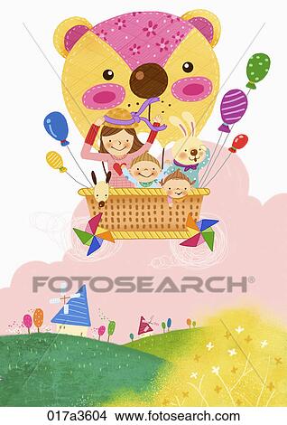 Stock Illustration - mom and children riding hot air balloon. Fotosearch