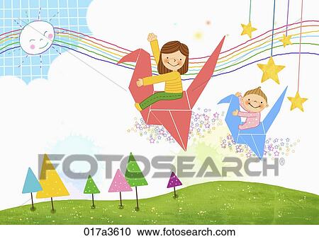 mom and children riding paper crane View Large Illustration Clipart - mom and children riding paper crane. Fotosearch