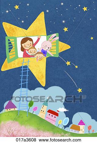 Stock Illustration - mom and children see the world through window. Fotosearch