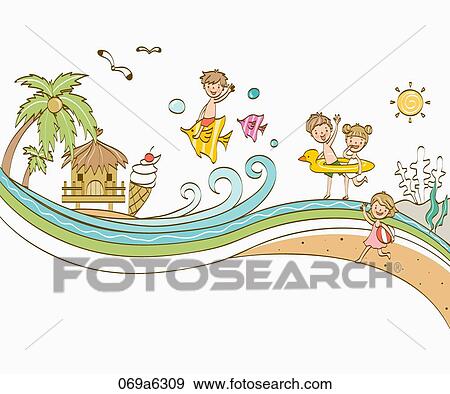 Stock Illustration - people enjoying vacance on the beach. Fotosearch