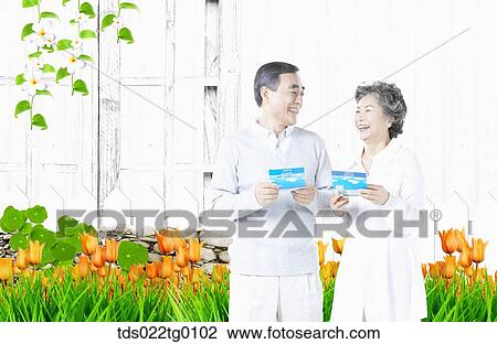 Drawing - senior couple holding bank books. Fotosearch
