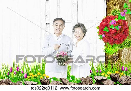 Drawing - senior couple holding flower bouquet. Fotosearch