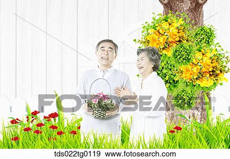 Stock Illustration - senior couple holding flower bouquet. Fotosearch