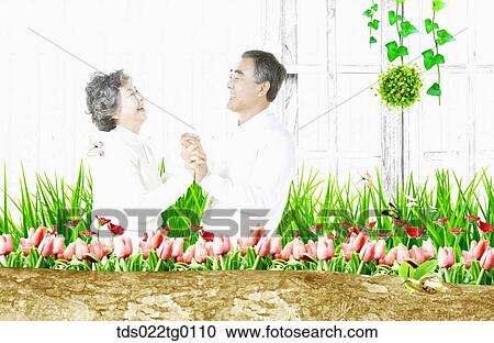 Clipart - senior couple holding hands together. Fotosearch