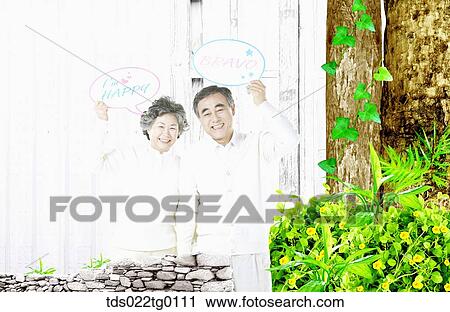 Clip Art - senior couple holding message board. Fotosearch
