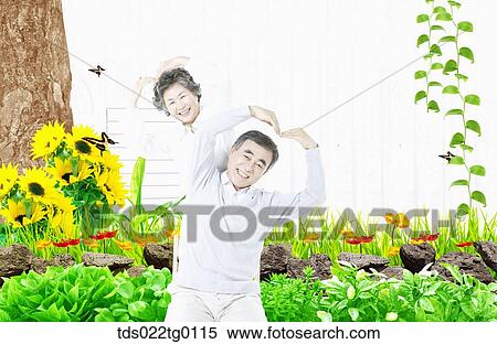 Stock Illustration - senior couple making heart shape using their arms. Fotosearch