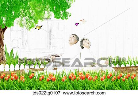 Stock Illustration - senior couple sitting back to back. Fotosearch