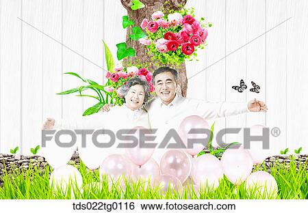 Stock Illustration - senior couple sitting with balloons. Fotosearch
