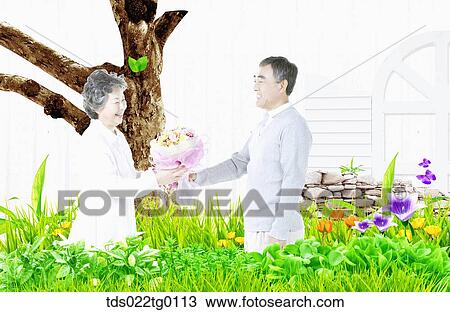 Drawing - senior man gives flowers to senior woman. Fotosearch