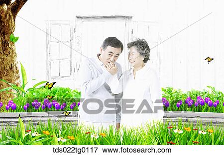 Stock Illustration - senior man gives kiss to senior woman's hand. Fotosearch