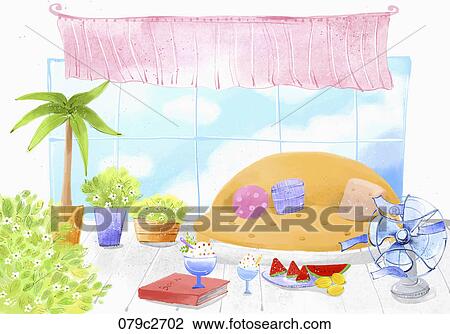 summer fruits on mat and fan makes wind View Large Illustration Drawing - summer fruits on mat and fan makes wind. Fotosearch